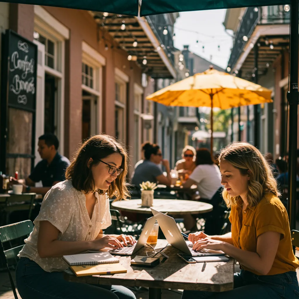 Two women entrepreneurs in Louisiana working together at a sunny outdoor café in New Orleans with laptops and notebooks surrounded by a vibrant and creative atmosphere