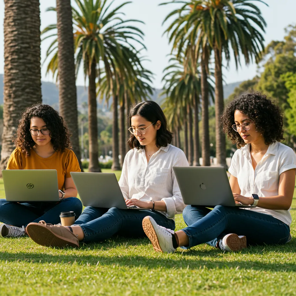 Three diverse women entrepreneurs in California working on laptops outdoors near palm trees, relaxed but focused, with sunshine, coffee, and a creative business vibe.