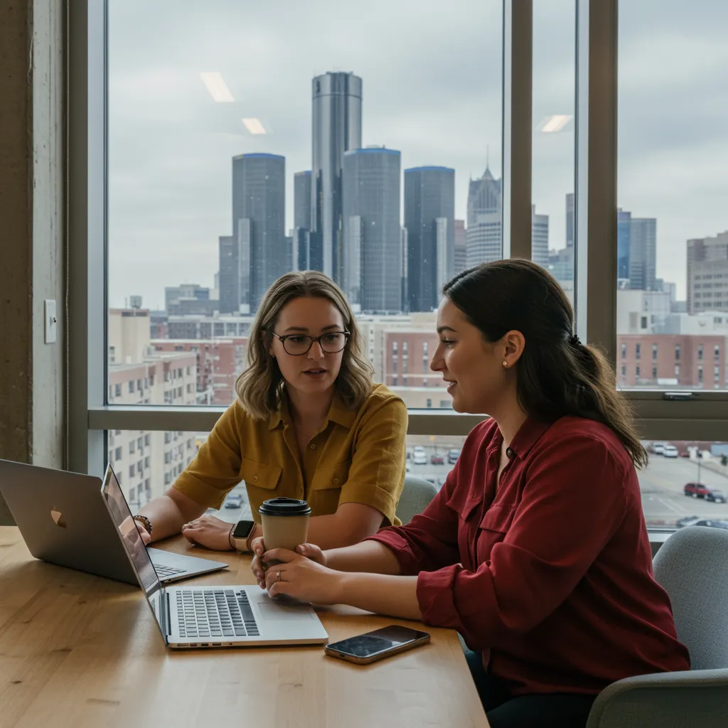 Two Michigan women entrepreneurs collaborating in a bright modern workspace with laptops and coffee, with Detroit city skyline visible through large windows