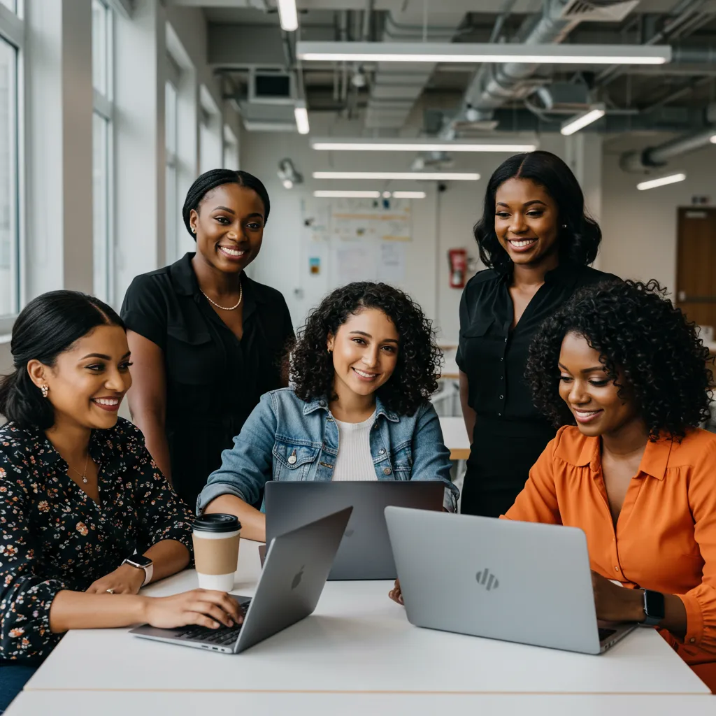 A group of Alabama women entrepreneurs collaborating in a bright modern workspace with laptops and coffee, representing diverse industries and teamwork