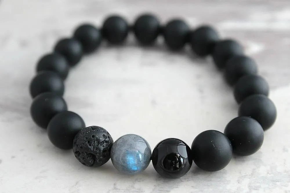 'Blue Flash' Labradorite with Black Onyx and Lava Stone Mens Beaded Bracelet.