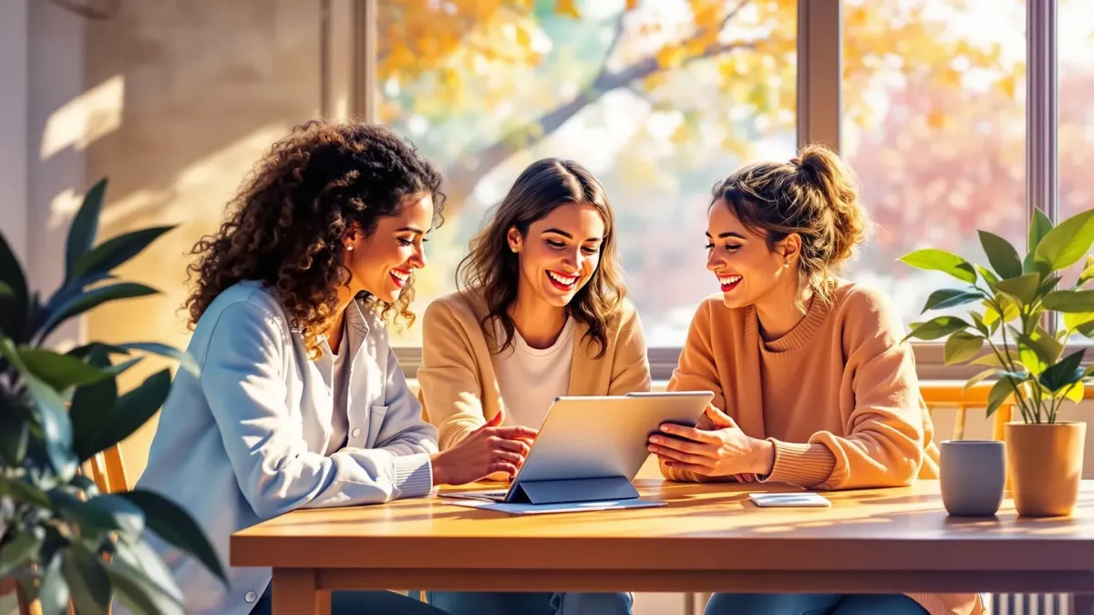 Three women sitting together at a café table with laptops, working together to learn AI.