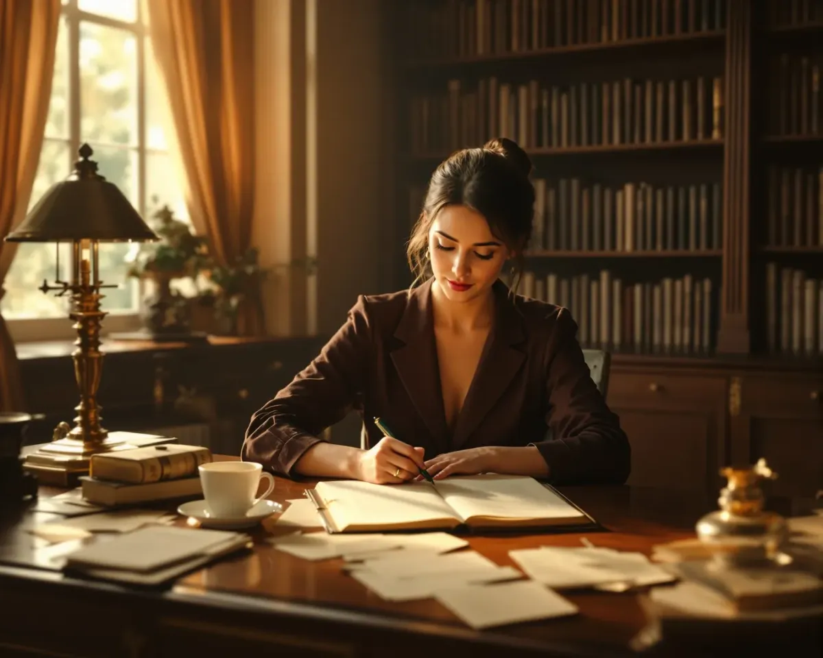 Woman writing her life story with notebook and tea — representing legacy storytelling and AI-assisted creativity