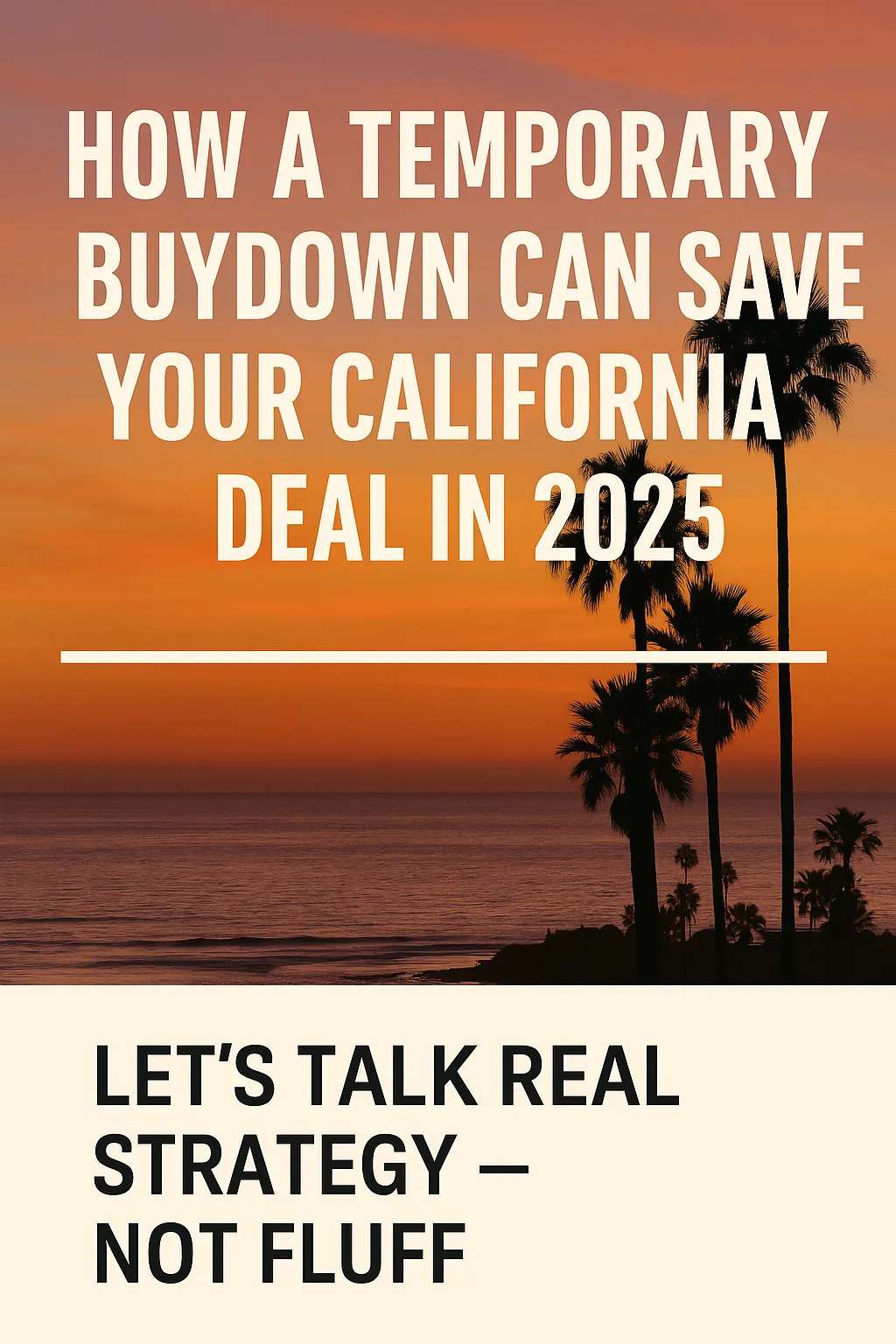 Sunset view of California coastline with bold headline about 2025 temporary mortgage buydown strategy