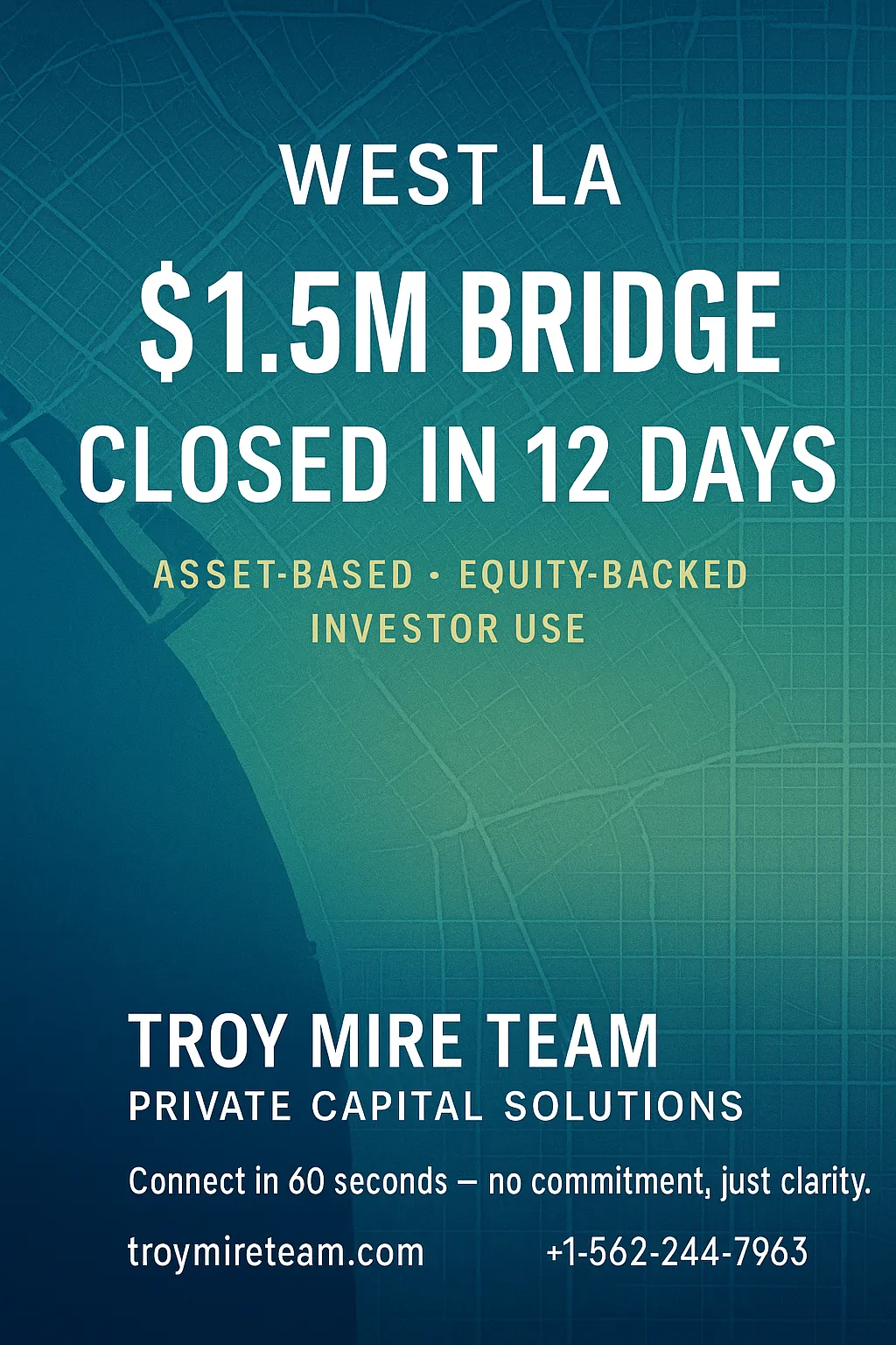 West LA $1.5M bridge loan closed in 12 days — asset-based, equity-backed investor deal with Troy Mire Team contact info on stylized city map background.