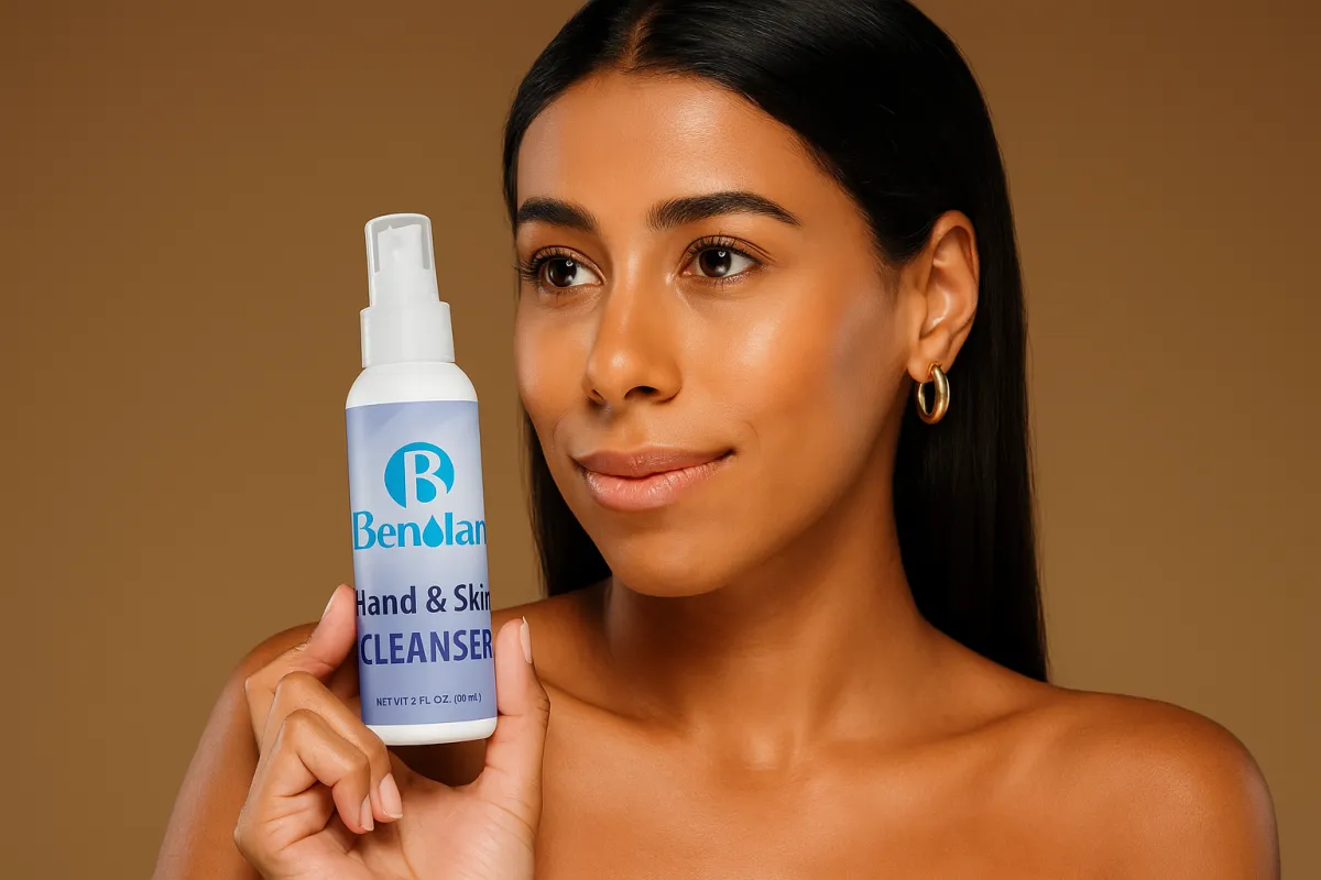 a woman holding a skincare product