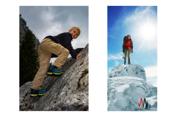 Two Images, LHS a young boy climbing, RHS A Professional Climber on a Sumit