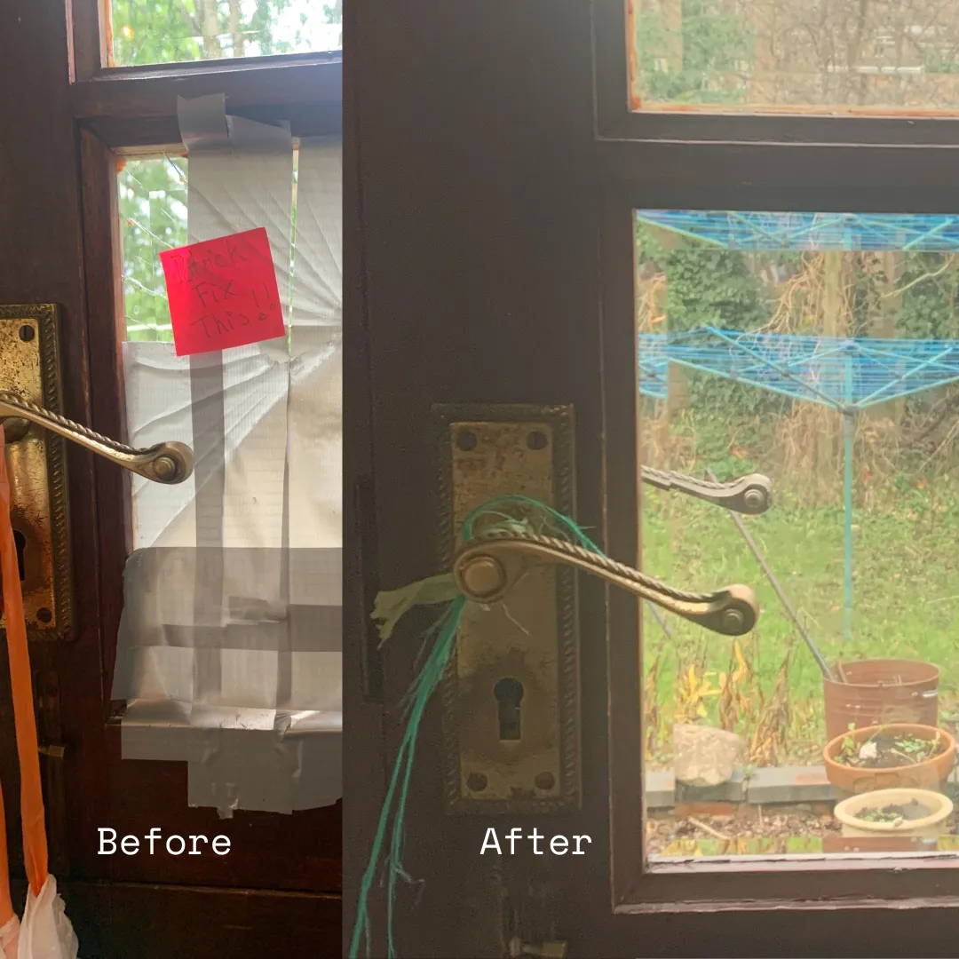 An image of a door with its window pane before and after it was fixed