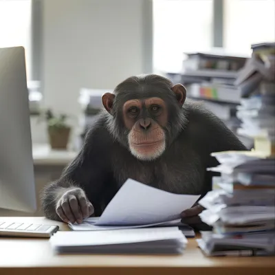 AI illustration of a chimp doing admin, representing procrastination and distraction in business