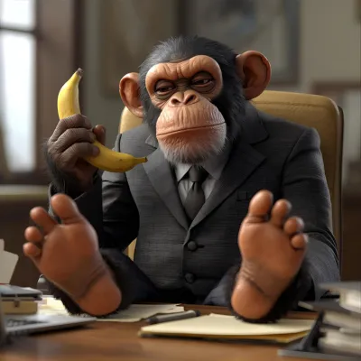 Chimp in a business suit at a desk, symbolising procrastination and distraction in business.