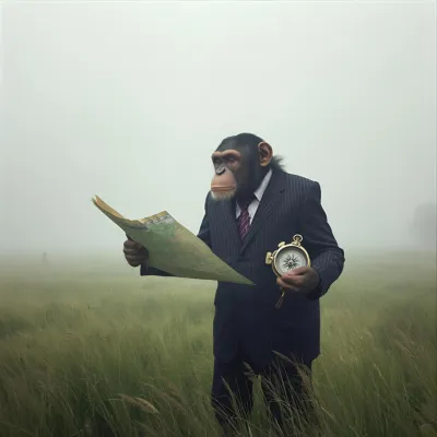 Chimp in a business suit holding a map and compass, looking lost in the mist on a moor — symbolising business owners struggling with visibility and direction.