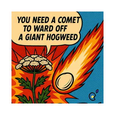 Comic-style artwork showing a blazing comet racing toward a giant hogweed, with a speech bubble reading “You need a Comet to ward off a Giant Hogweed.” Bright pop-art colours and bold outlines illustrate the playful theme of AI and chaos from the blog post.
