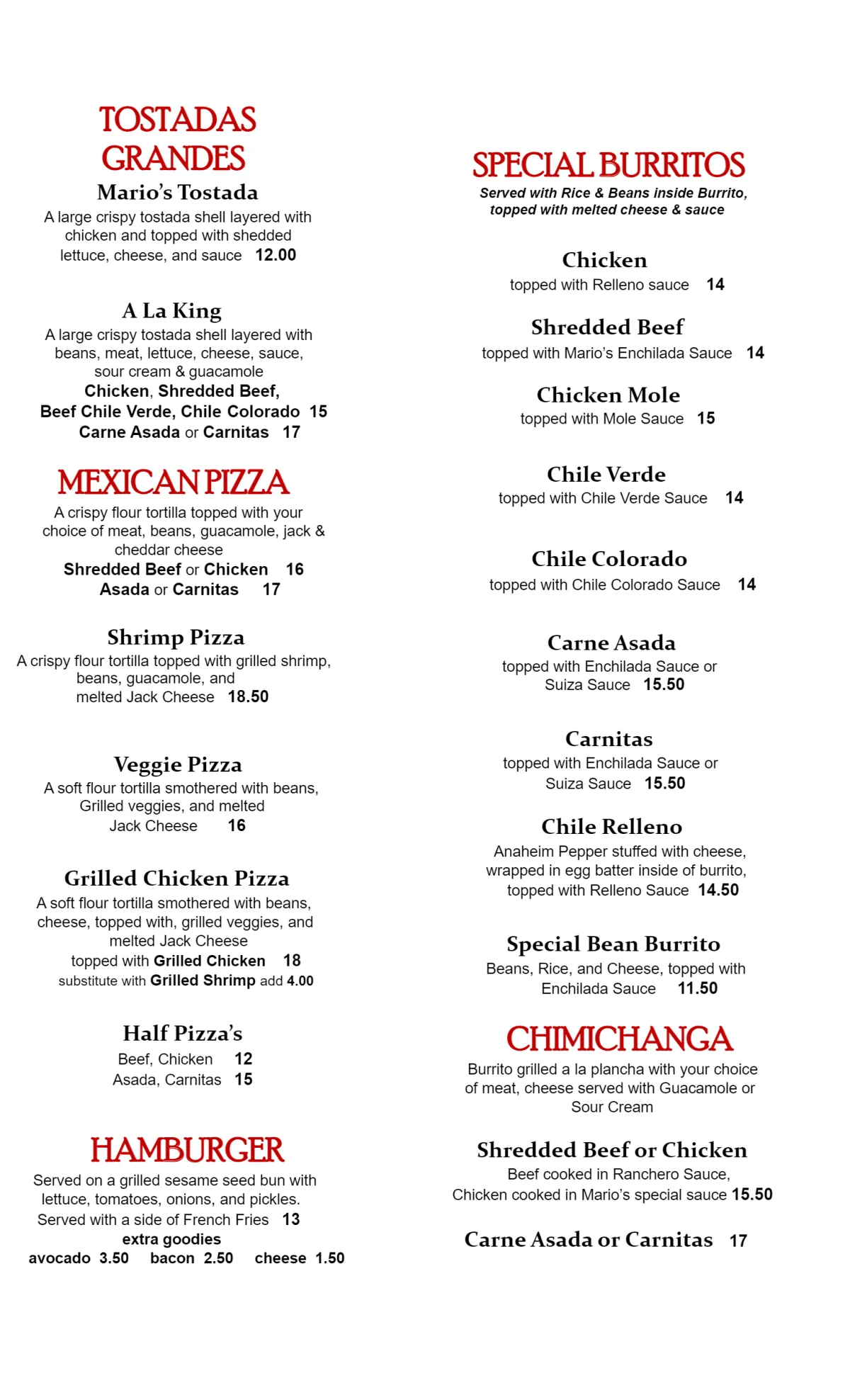 Mario s Mexican Food Menu