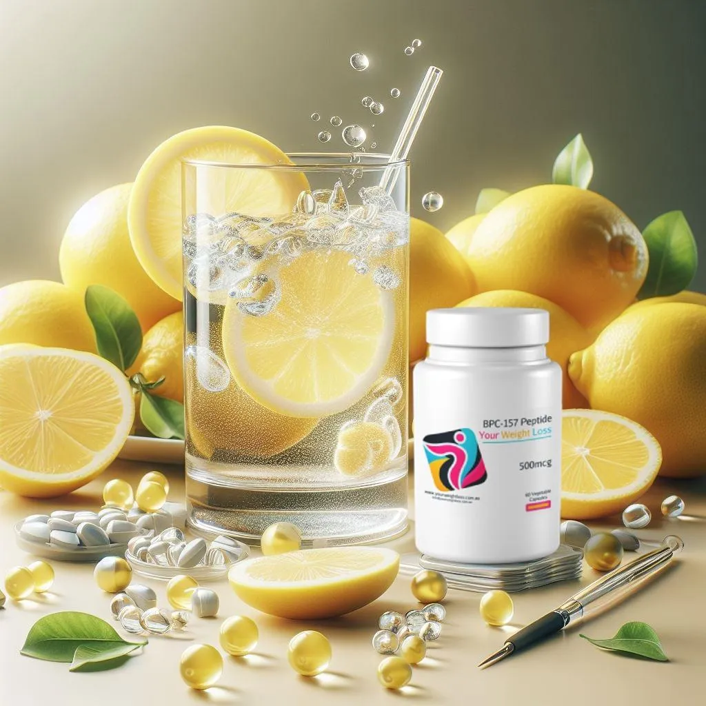 Refreshing lemon water in a clear glass, surrounded by fresh lemons and peptide product packaging.jpeg