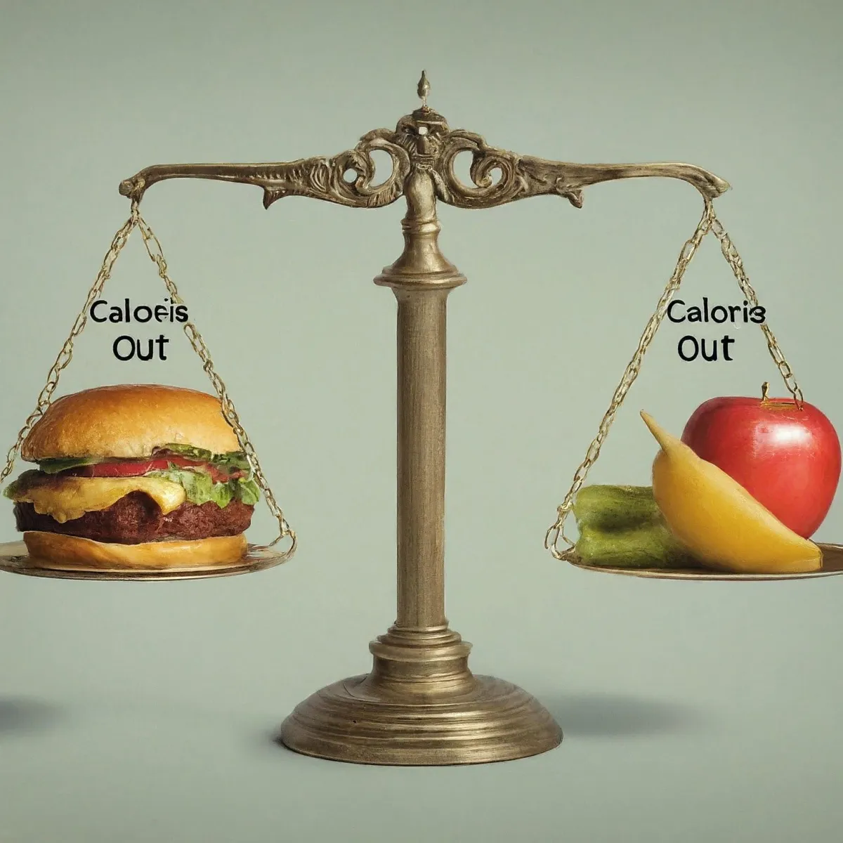 A vibrant infographic illustrating the concept of calorie deficit, showing a balance scale with calories in versus calories out