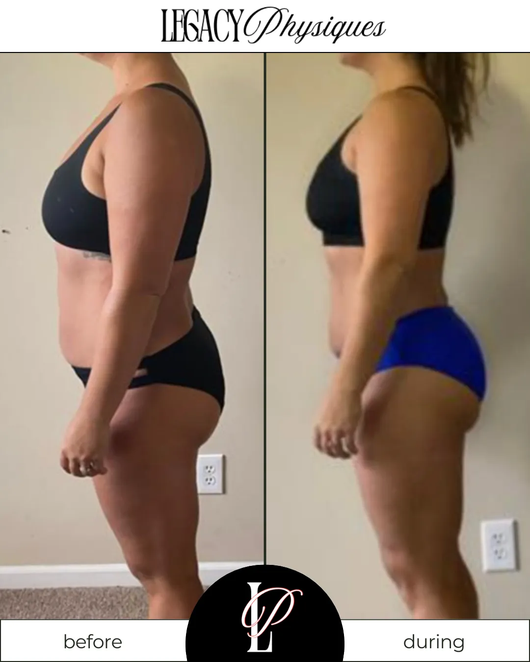 Legacy Physiques client transformation photo showing visible fat loss and muscle definition, highlighting the results of Lindsey Black’s personalized women’s fitness and nutrition coaching.