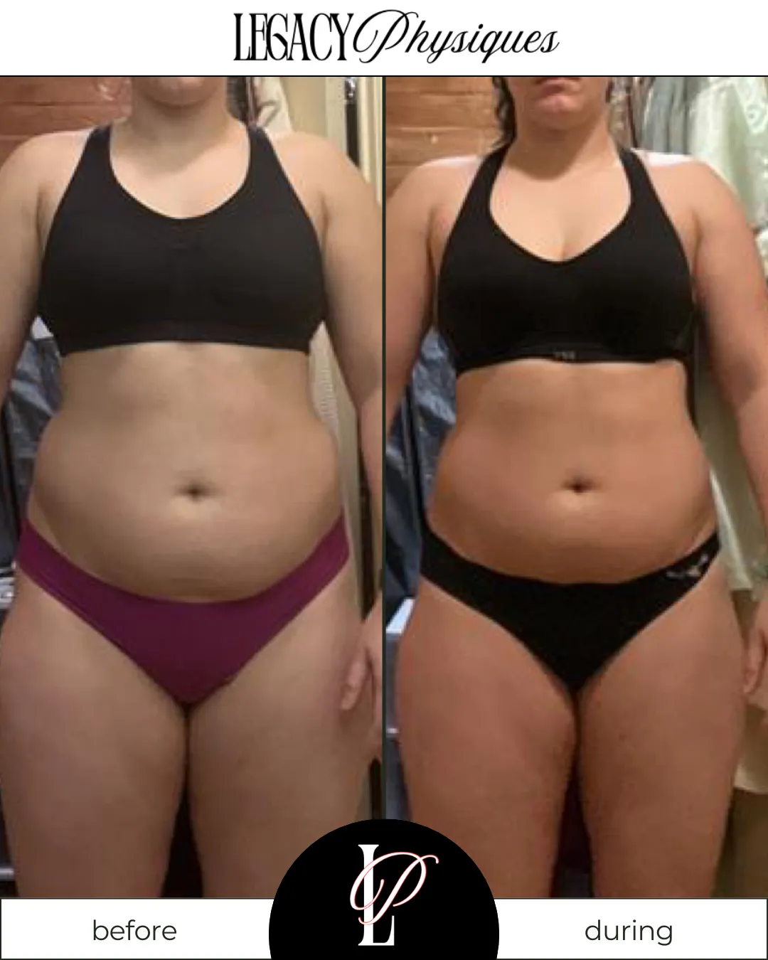 Legacy Physiques client transformation photo showing visible fat loss and muscle definition, highlighting the results of Lindsey Black’s personalized women’s fitness and nutrition coaching.