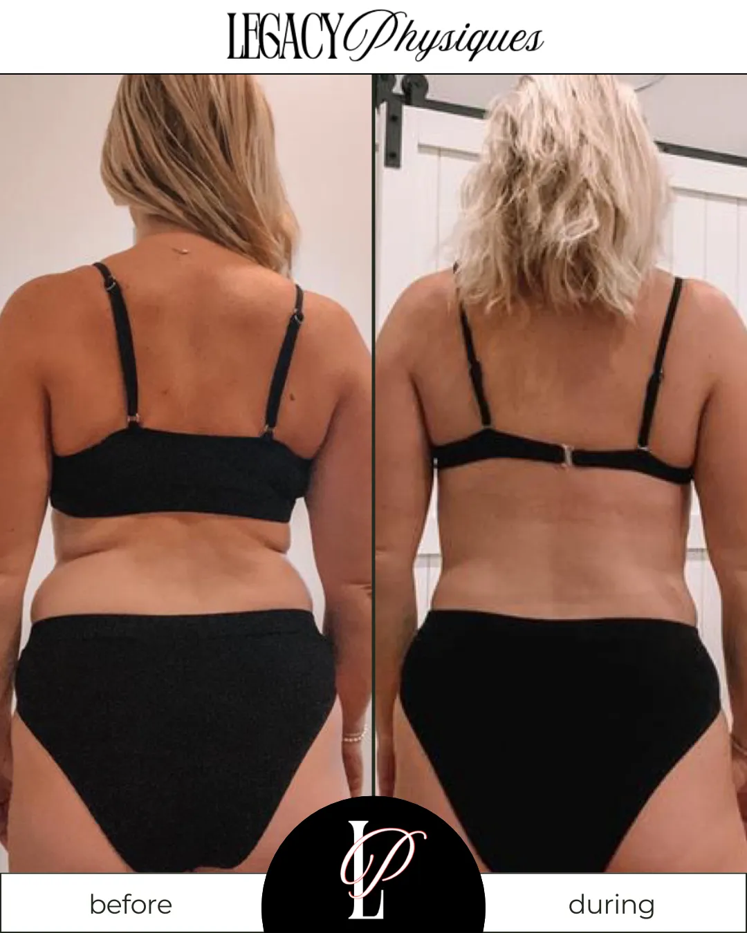 Legacy Physiques client transformation photo showing visible fat loss and muscle definition, highlighting the results of Lindsey Black’s personalized women’s fitness and nutrition coaching.
