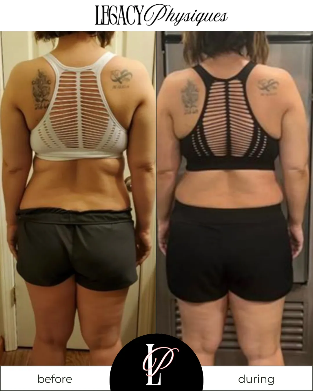 Legacy Physiques client transformation photo showing visible fat loss and muscle definition, highlighting the results of Lindsey Black’s personalized women’s fitness and nutrition coaching.