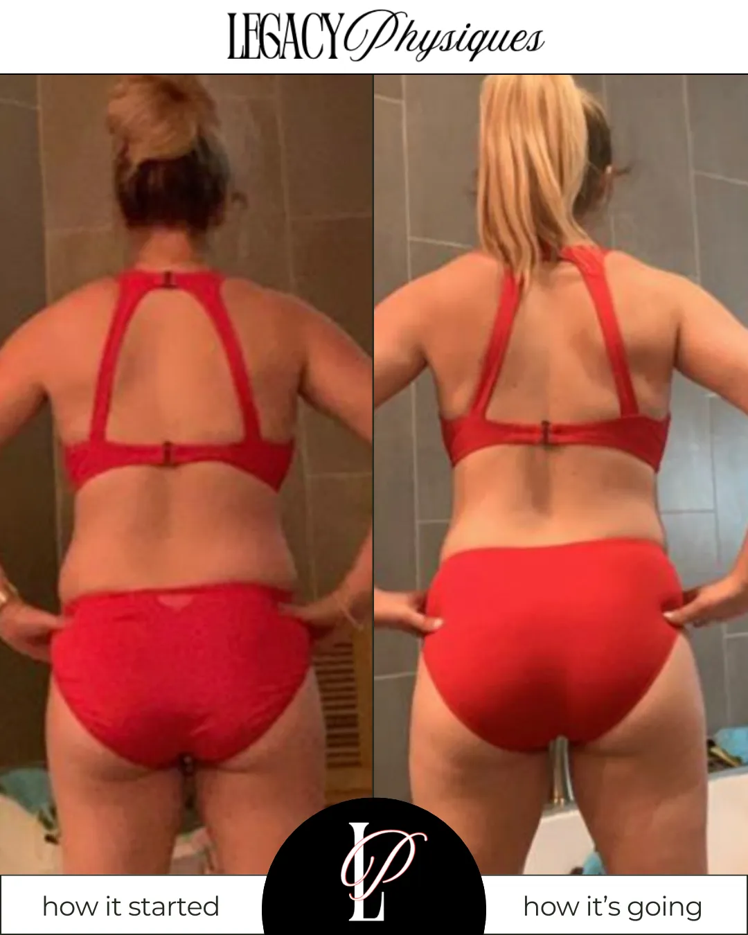 Legacy Physiques client transformation photo showing visible fat loss and muscle definition, highlighting the results of Lindsey Black’s personalized women’s fitness and nutrition coaching.