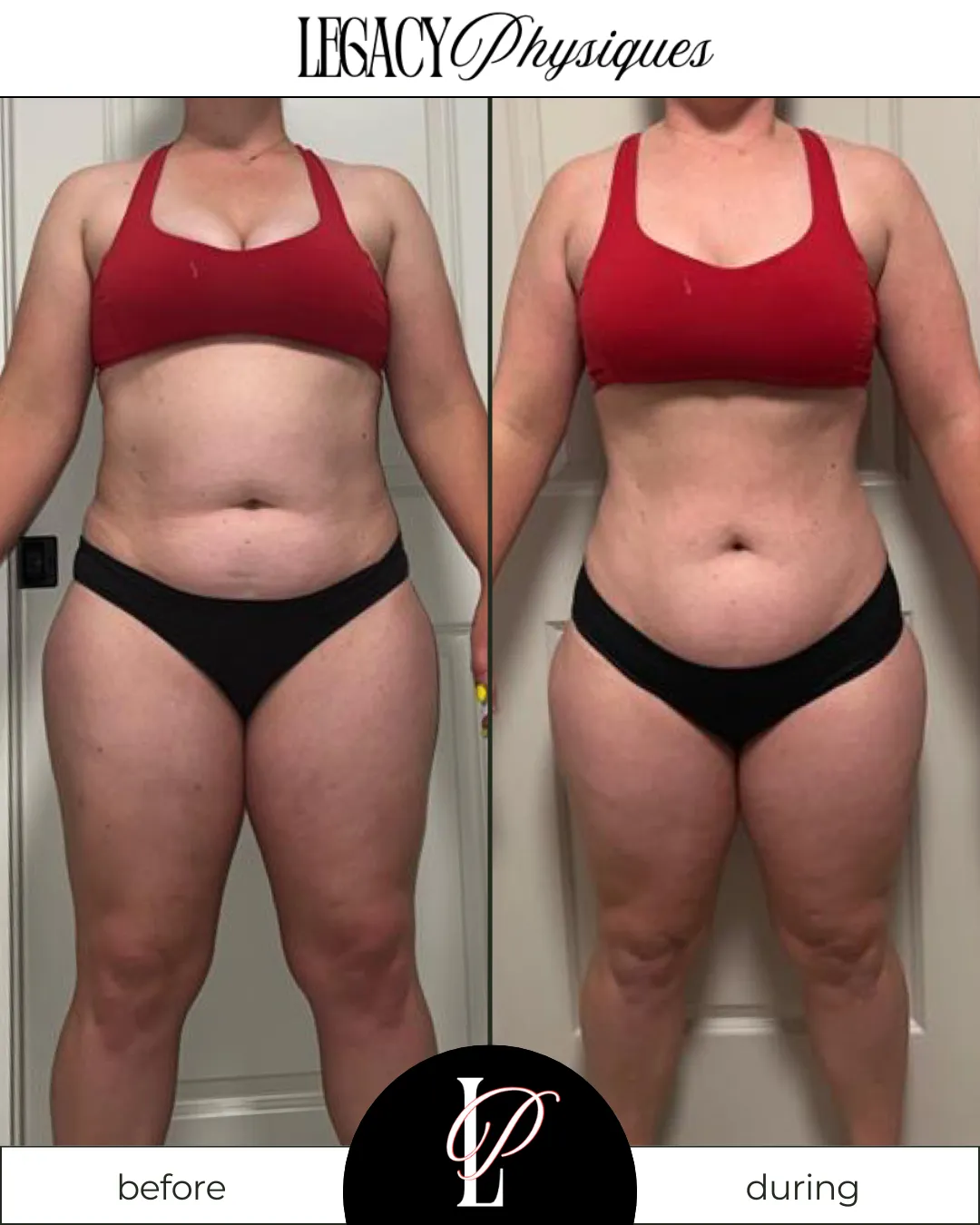 Legacy Physiques client transformation photo showing visible fat loss and muscle definition, highlighting the results of Lindsey Black’s personalized women’s fitness and nutrition coaching.