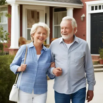Couple walking outside a home, representing aging in place housing considerations in Plymouth County and the South Shore
