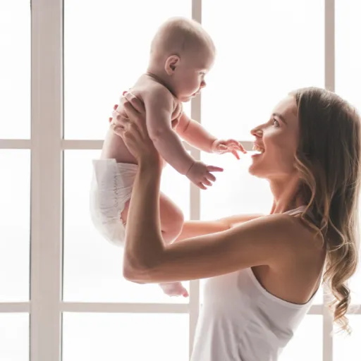Smiling mom holding baby up in the air, playing together—symbolizing joyful, connected parenting and emotional healing.