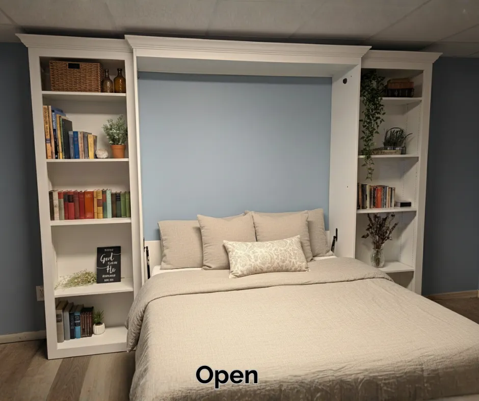 Amish-built custom Murphy bed with built-in bookshelves and solid wood cabinetry in a Virginia home