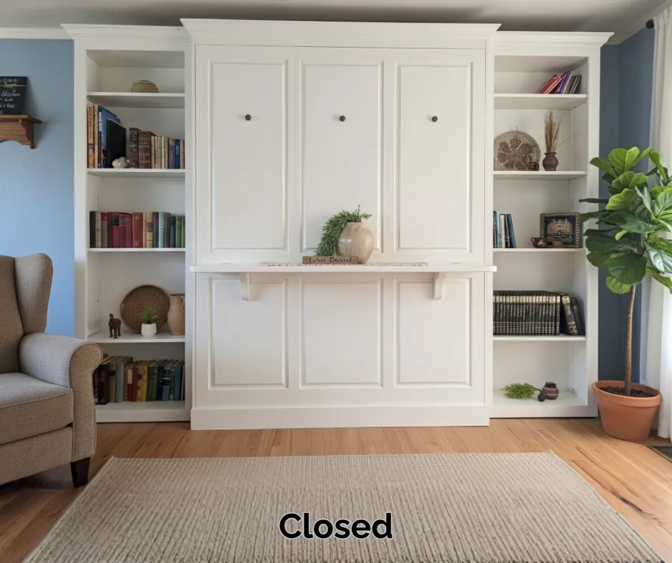 Handcrafted Amish-built Murphy bed shown closed with integrated bookshelves and solid wood cabinetry in a Virginia living space