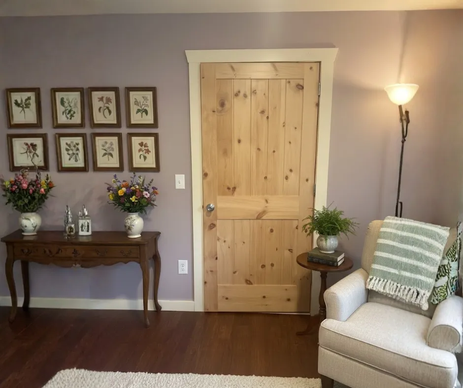 Amish-built solid wood interior door with natural knotty wood grain and handcrafted design