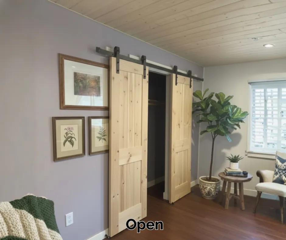 Amish-built solid wood sliding barn doors with black metal hardware shown open in a Virginia home