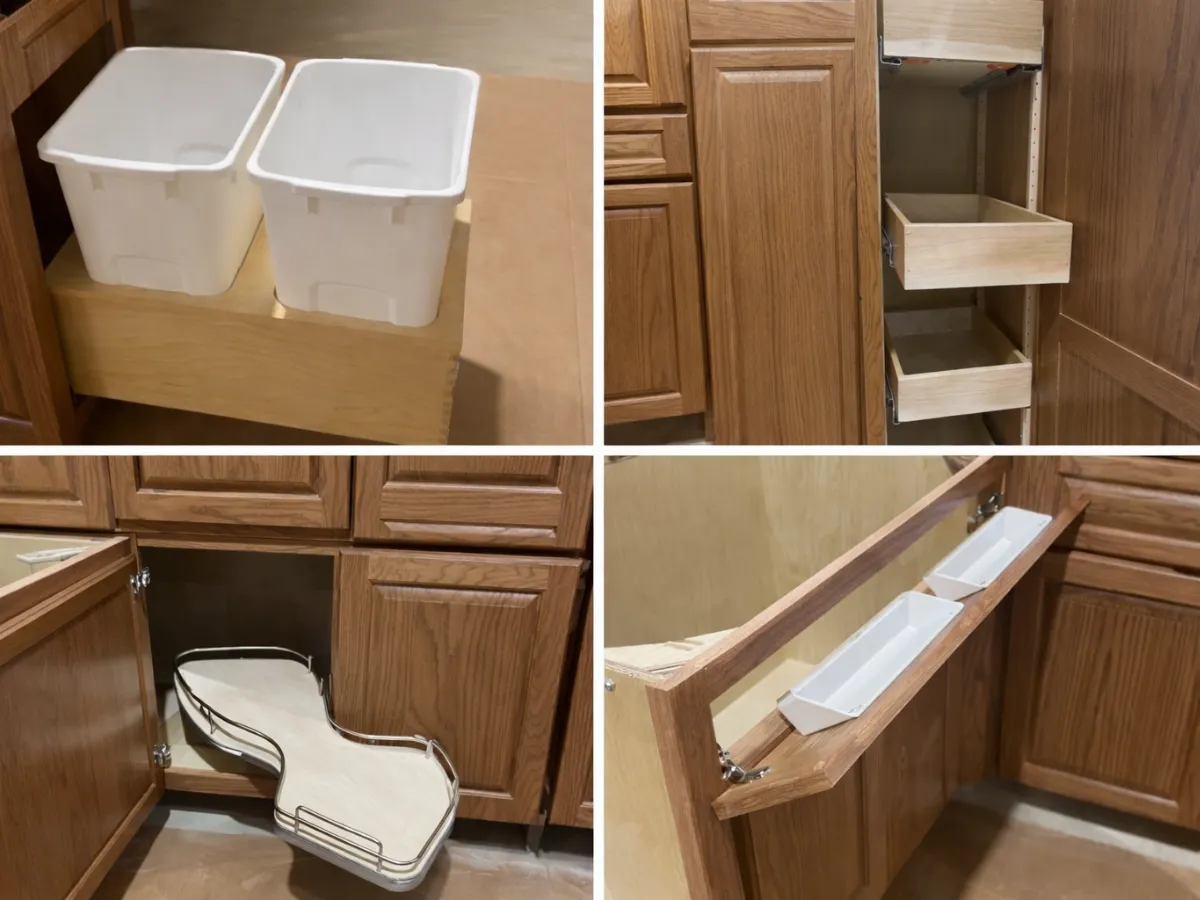 Handcrafted Amish-built kitchen cabinets showcasing custom storage solutions including pull-out trash bins, slide-out shelving, lazy Susan corner cabinet, and tilt-out sink tray