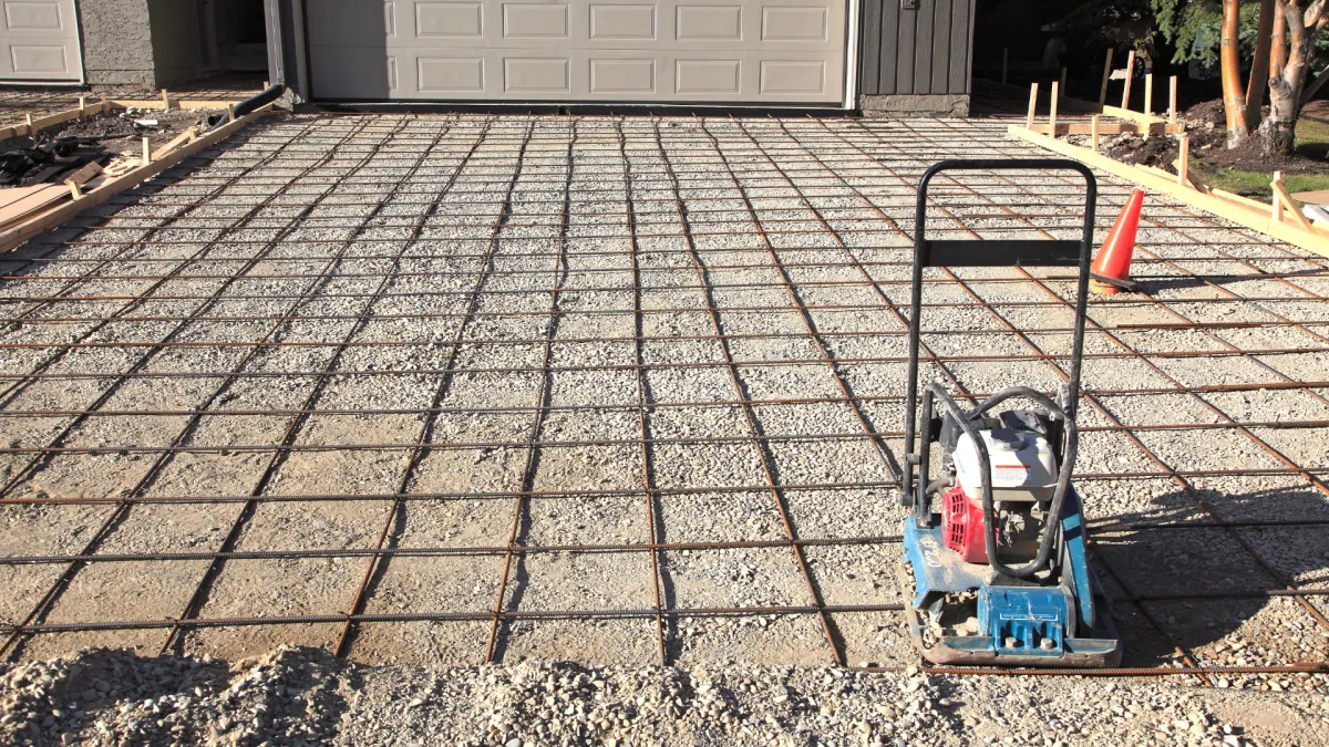 Concrete formwork for a driveway that will soon be poured with concrete. 
