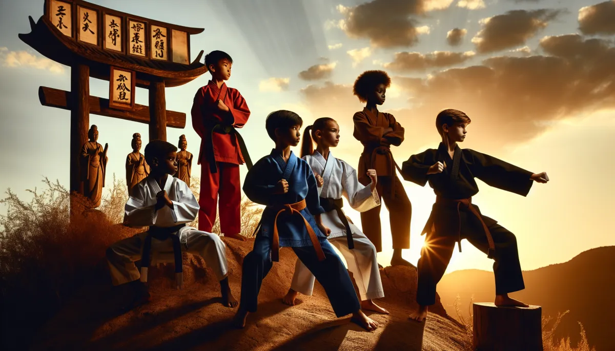 "1. ""A young martial artist executing a powerful kick, showcasing determination and confidence during a training session.""   2. ""A group of children in martial arts uniforms practicing together, demonstrating teamwork and self-assurance in their movements."""