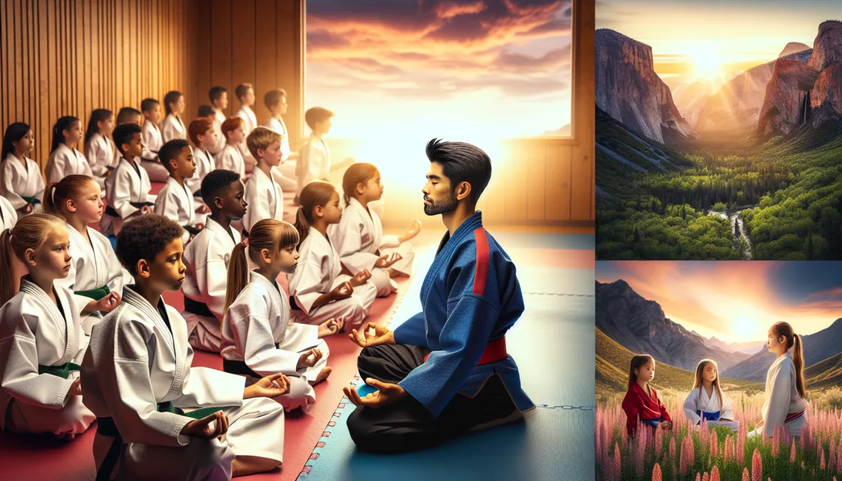 "1. ""A diverse group of children practicing martial arts techniques in a vibrant dojo, focusing on their instructor’s guidance.""   2. ""Young students in karate uniforms engaged in a dynamic martial arts class, showcasing teamwork and concentration."""