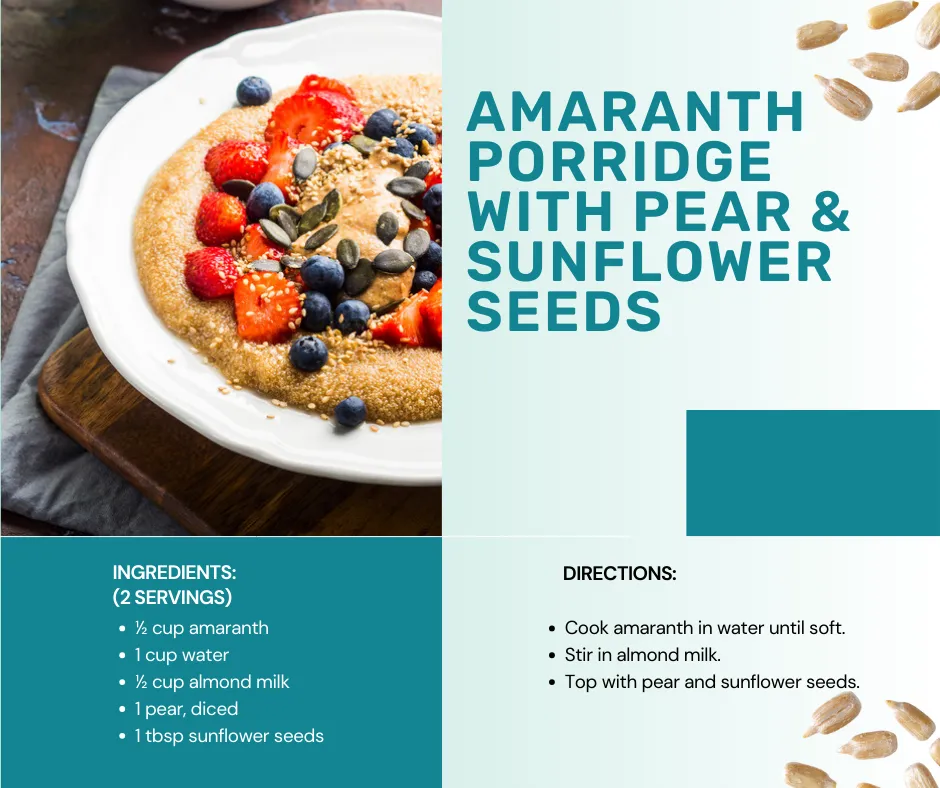 Bowl of amaranth porridge topped with berries and seeds