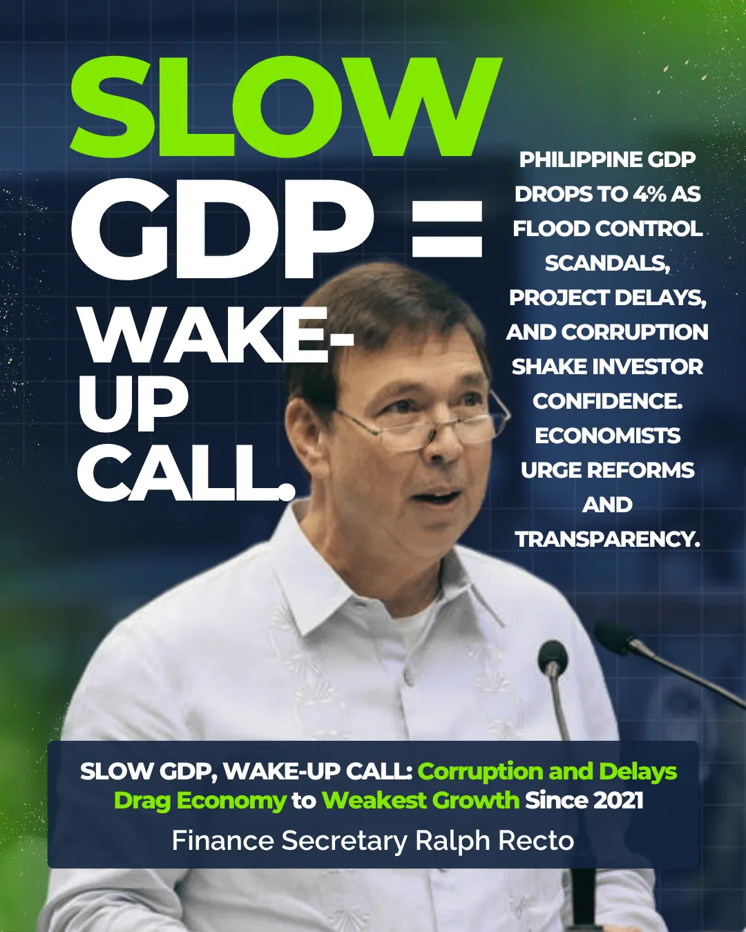 “Philippine business leaders call the 4% GDP growth a wake-up call amid flood control corruption scandals and slowed government spending.”