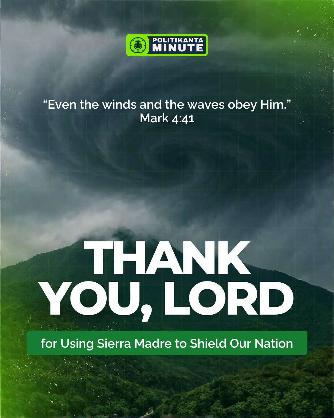 “Dark storm clouds forming over Sierra Madre mountains with text overlay: ‘Maraming Salamat, Sierra Madre!’ symbolizing gratitude and divine protection.”