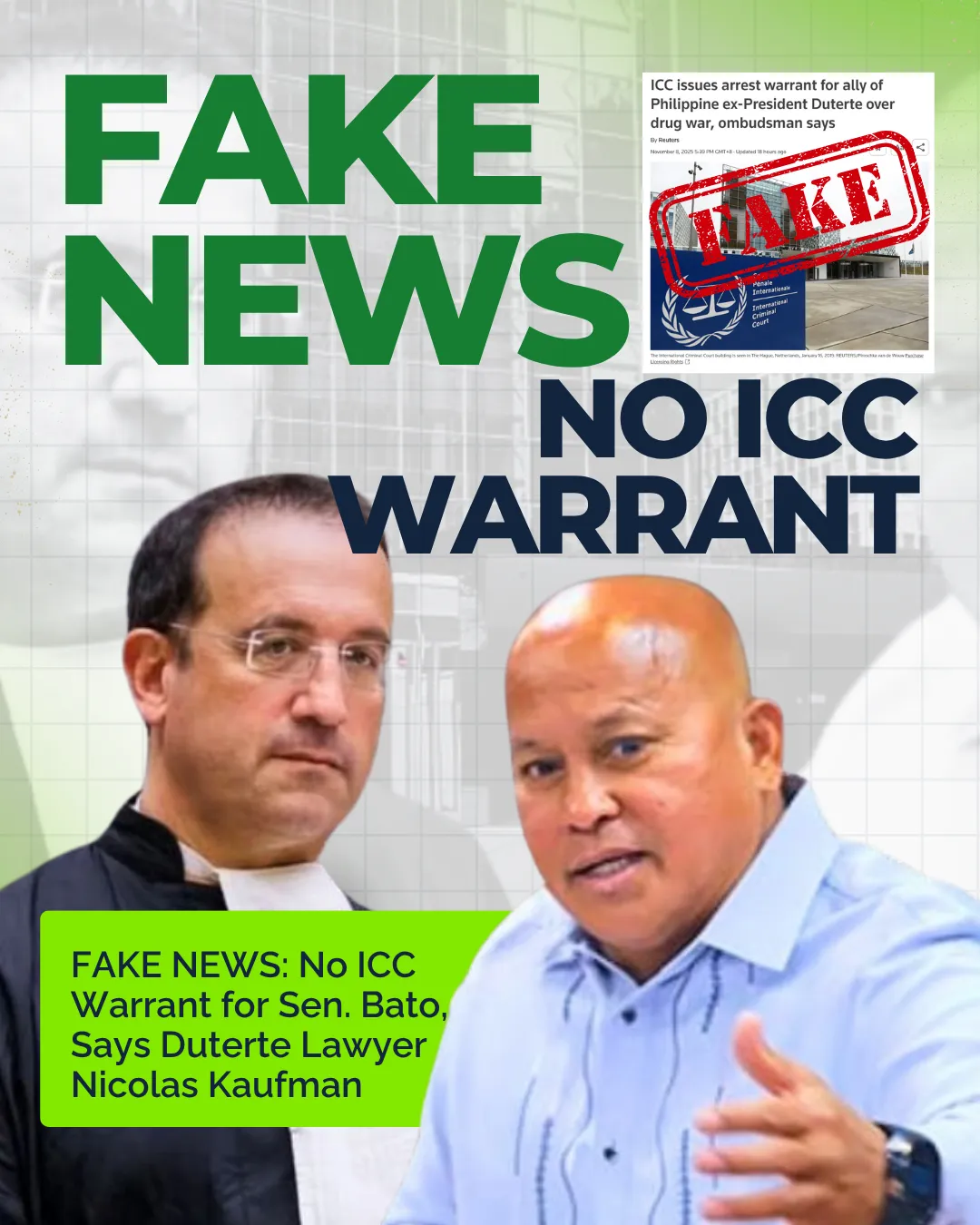 “Lawyer Nicolas Kaufman denies reports of an ICC arrest warrant for Sen. Ronald ‘Bato’ Dela Rosa, calling them false and misleading.”