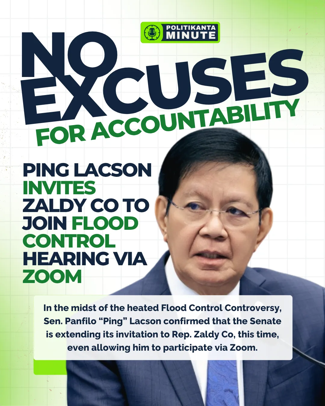 “Sen. Ping Lacson speaking during a Senate hearing, inviting Rep. Zaldy Co to attend via Zoom to address issues related to the Flood Control Controversy.”