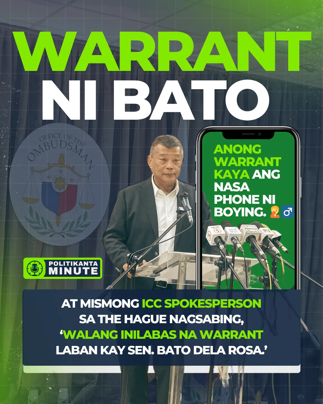 Visual showing DOJ Sec. Remulla with caption ‘Warrant ni Bato’ and statement highlighting ICC denial of any warrant.