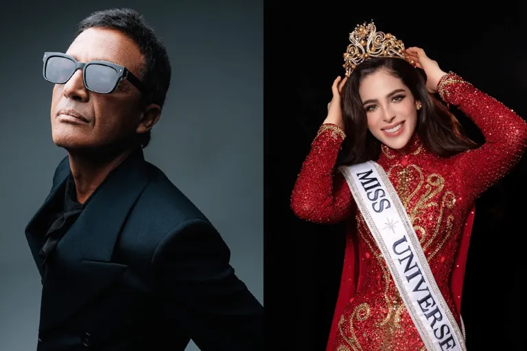 Image of Omar Harfouch sitting in a black suit beside a photo of newly crowned Miss Universe Fatima Bosch wearing a red gown and crown.