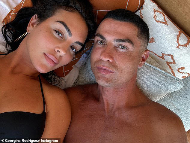Cristiano Ronaldo and Georgina Rodriguez pose together in a close-up selfie, followed by photos of Madeira’s Funchal Cathedral and family images showing Ronaldo, Georgina, and their children celebrating.
