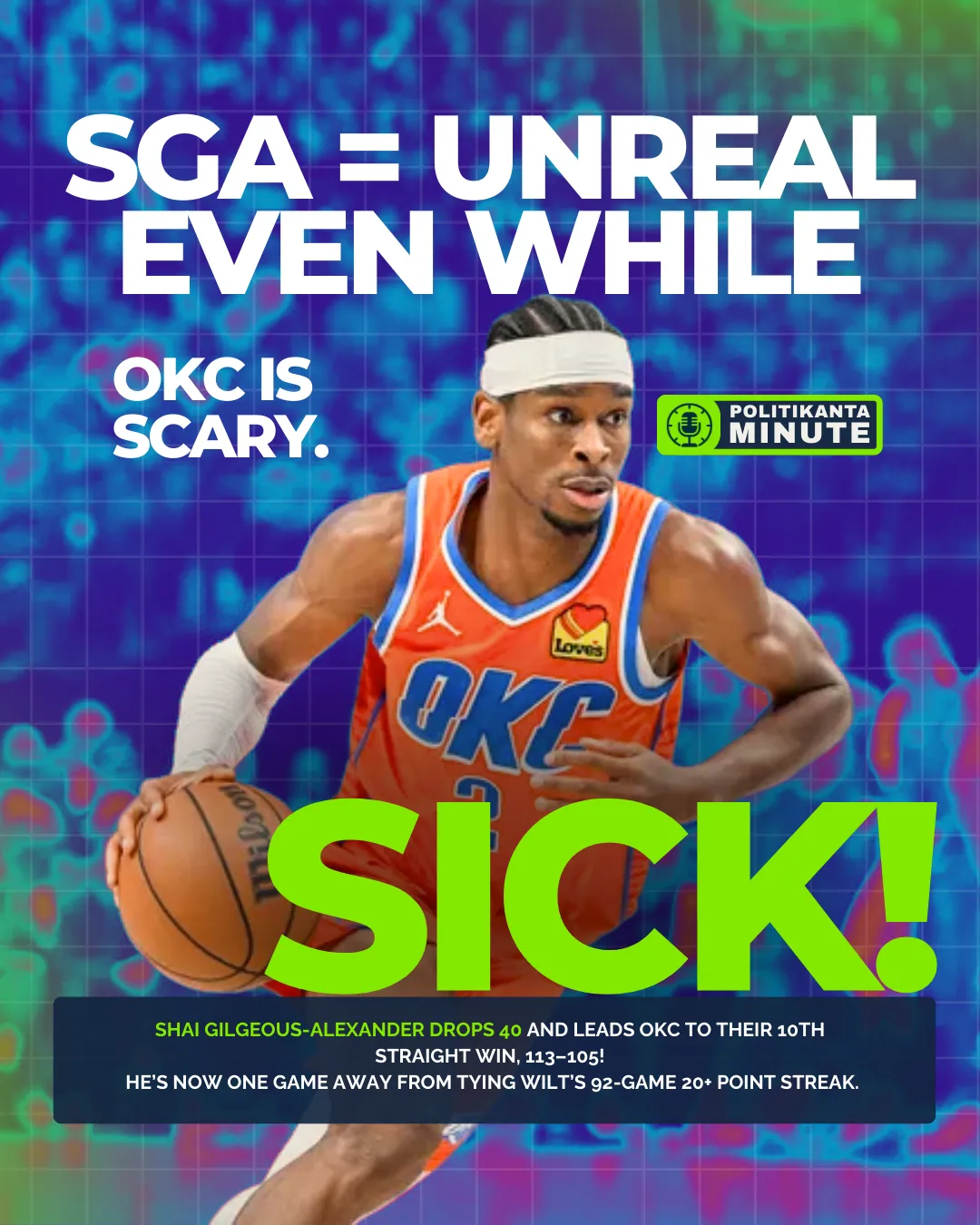 Shai Gilgeous-Alexander Drops 40 While Sick, Leads Thunder to 10th Straight Win