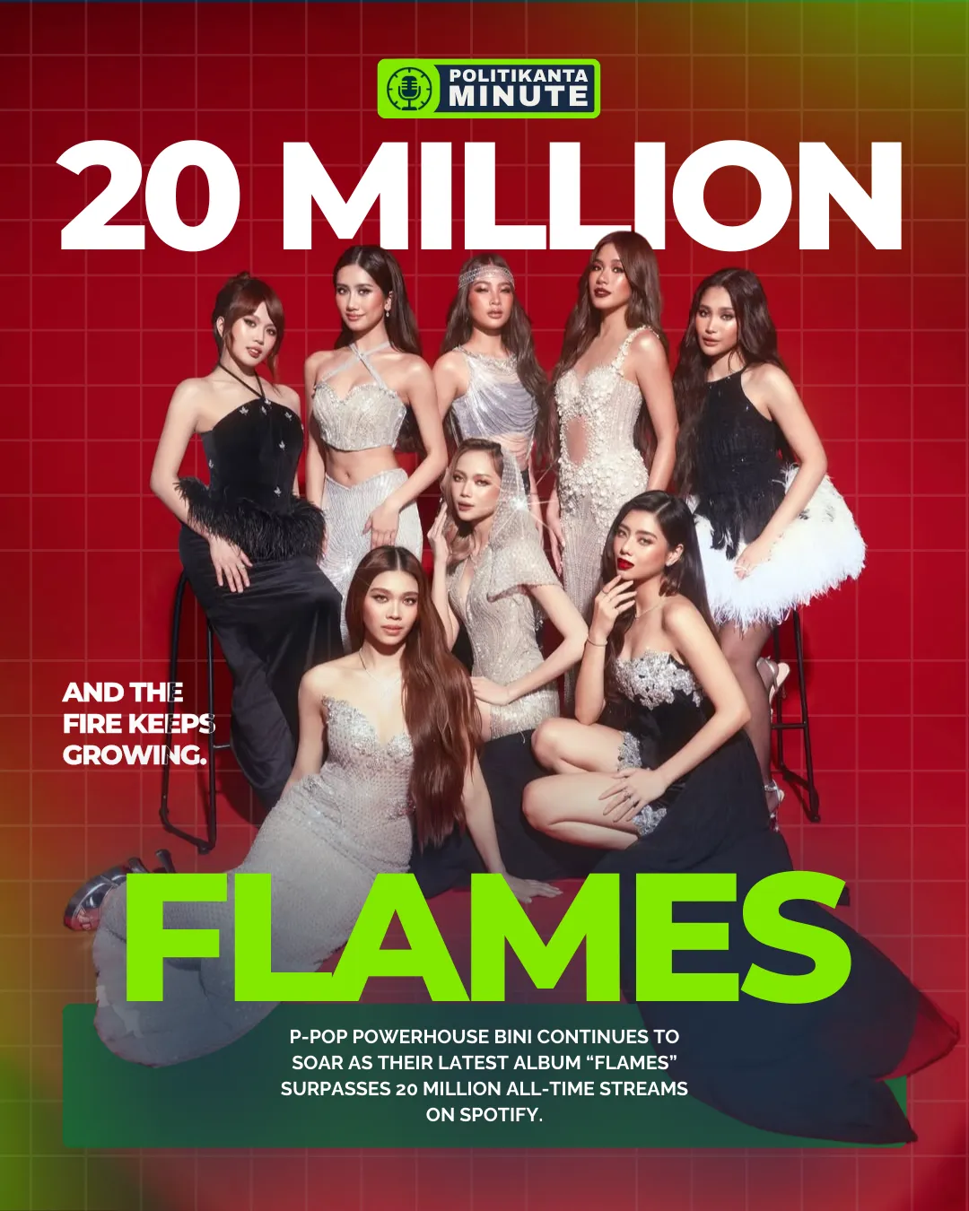 BINI performs onstage with full choreography under a vibrant pink circular LED backdrop as fans watch from the crowd.