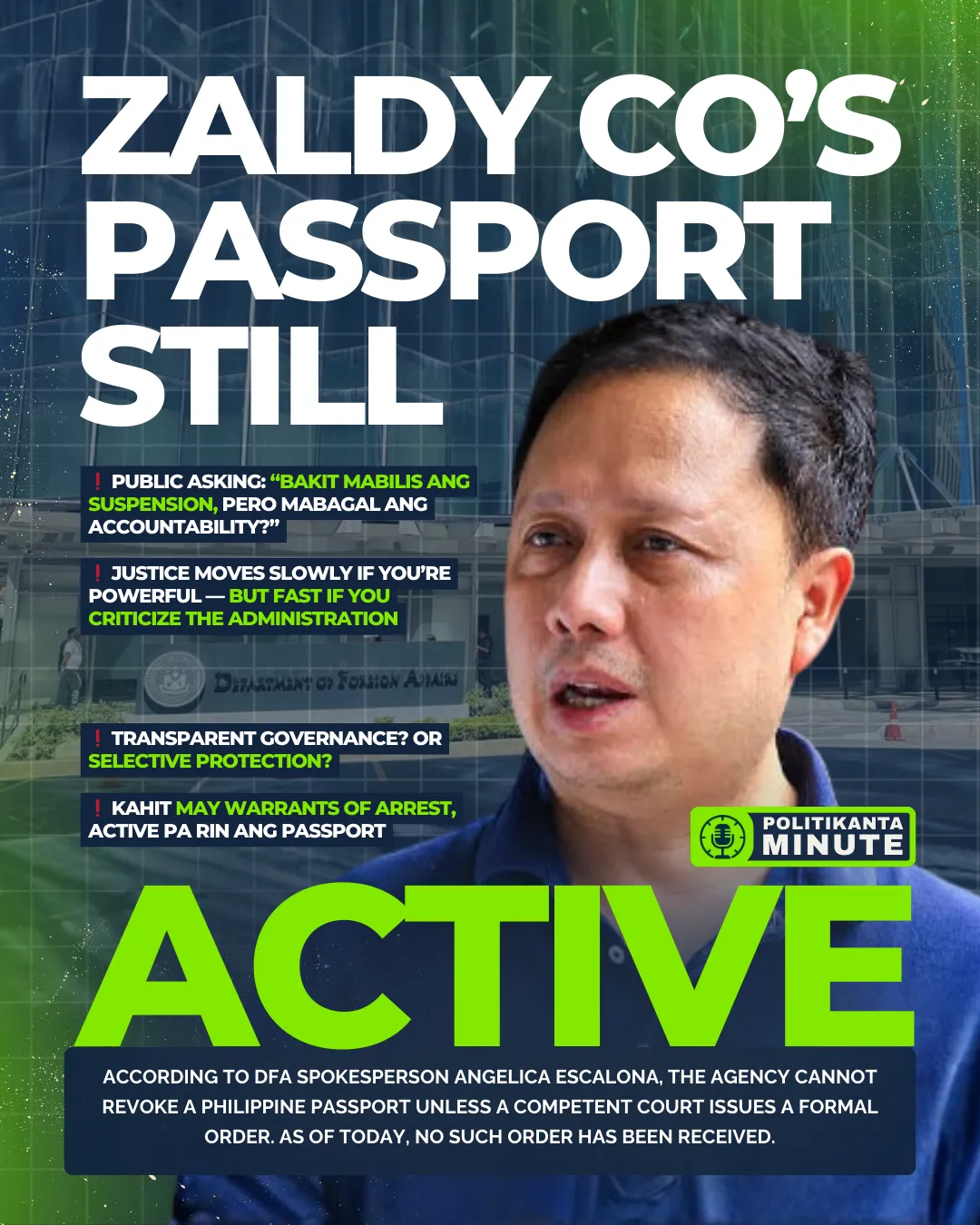 Zaldy Co’s Passport Still Active — DFA Says No Court Order Yet for Revocation