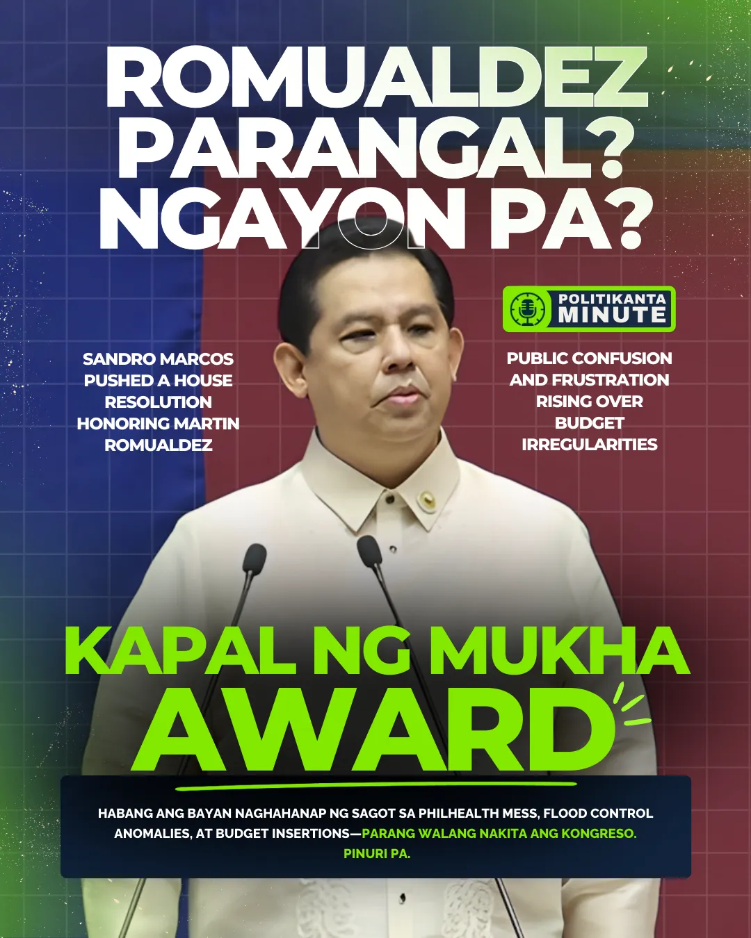 Portrait of former House Speaker Martin Romualdez looking serious, used in a post criticizing the timing of the award given to him despite ongoing budget controversies and public scrutiny.