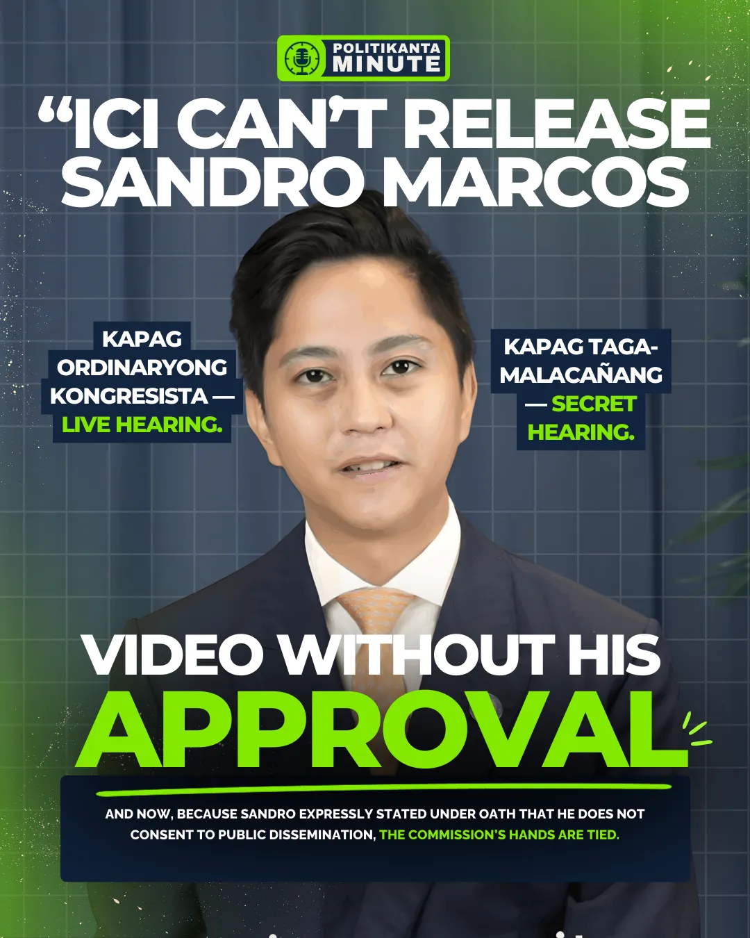 A Facebook post featuring Sandro Marcos in a barong with the text “I am willing to appear before the ICI,” shared by Rowena Guanzon. The caption jokes about Sandro taking a hair follicle test with his mother and father, igniting thousands of reactions and humorous comments online.