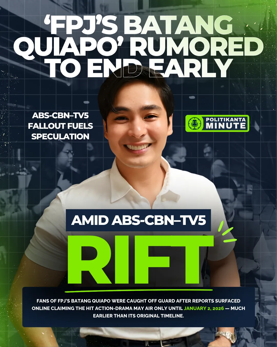 Coco Martin smiling in a casual white polo shirt inside a café, surrounded by fans and production crew.