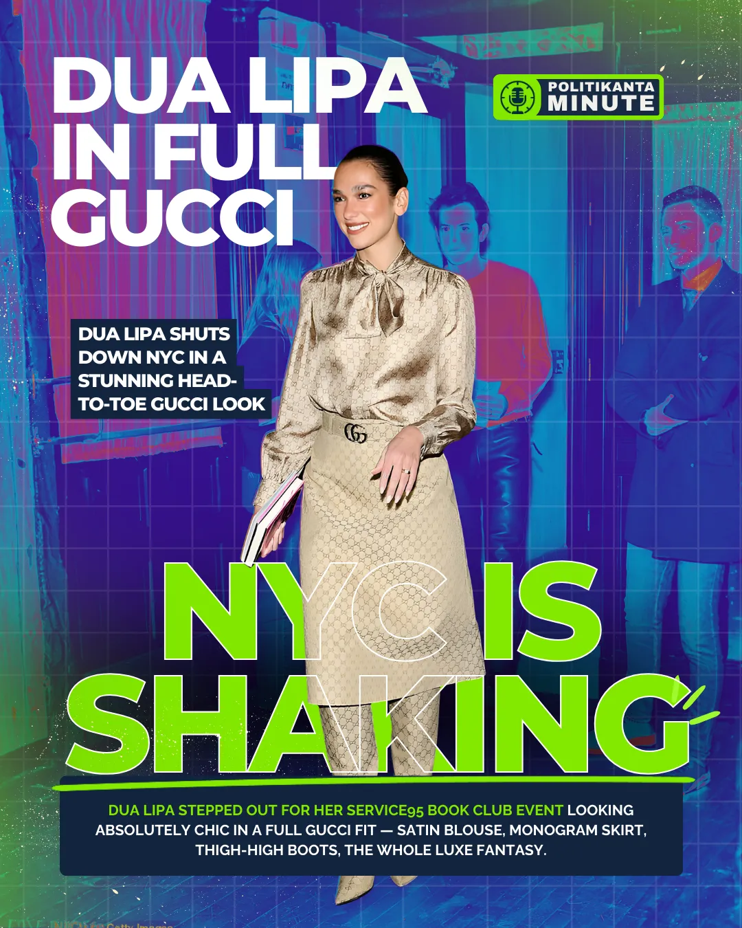 Dua Lipa wearing head-to-toe Gucci at her Service95 book club event in NYC, holding a book with Mark Ronson beside her.